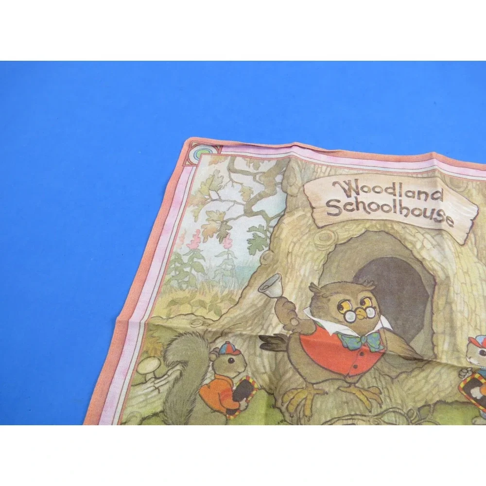 Vintage Carlton Cards Woodland Schoolhouse Fabric Scarf Hankerchief